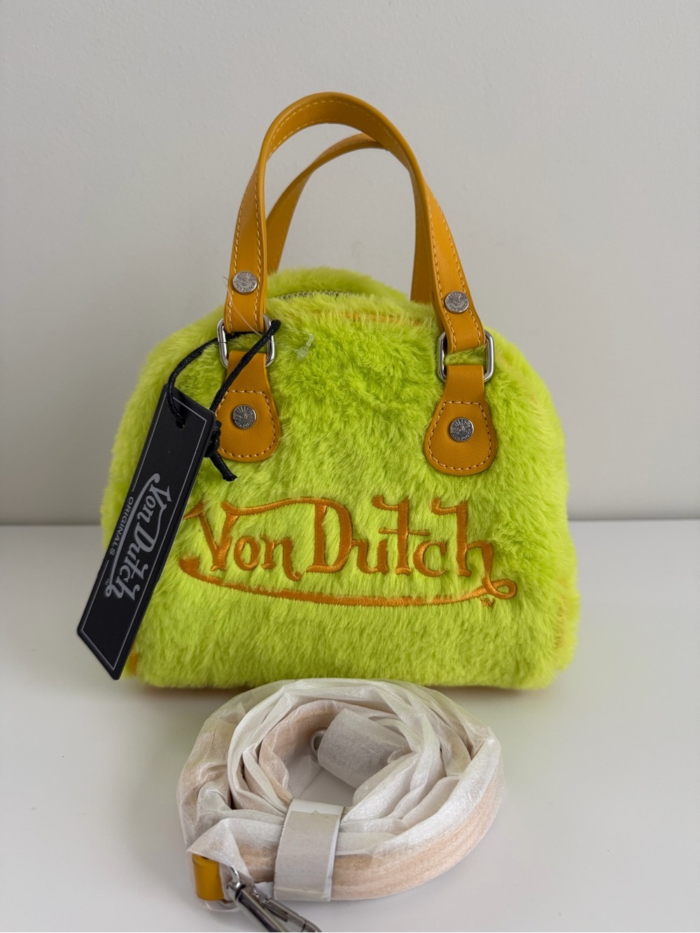 Von Dutch Neon Lime Faux Fur Mini Tote with Mustard Handles